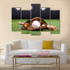 Baseball Glove With Baseball And Bat Lying On Green Grass Multi panel canvas wall art