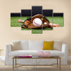 Baseball Glove With Baseball And Bat Lying On Green Grass Multi panel canvas wall art