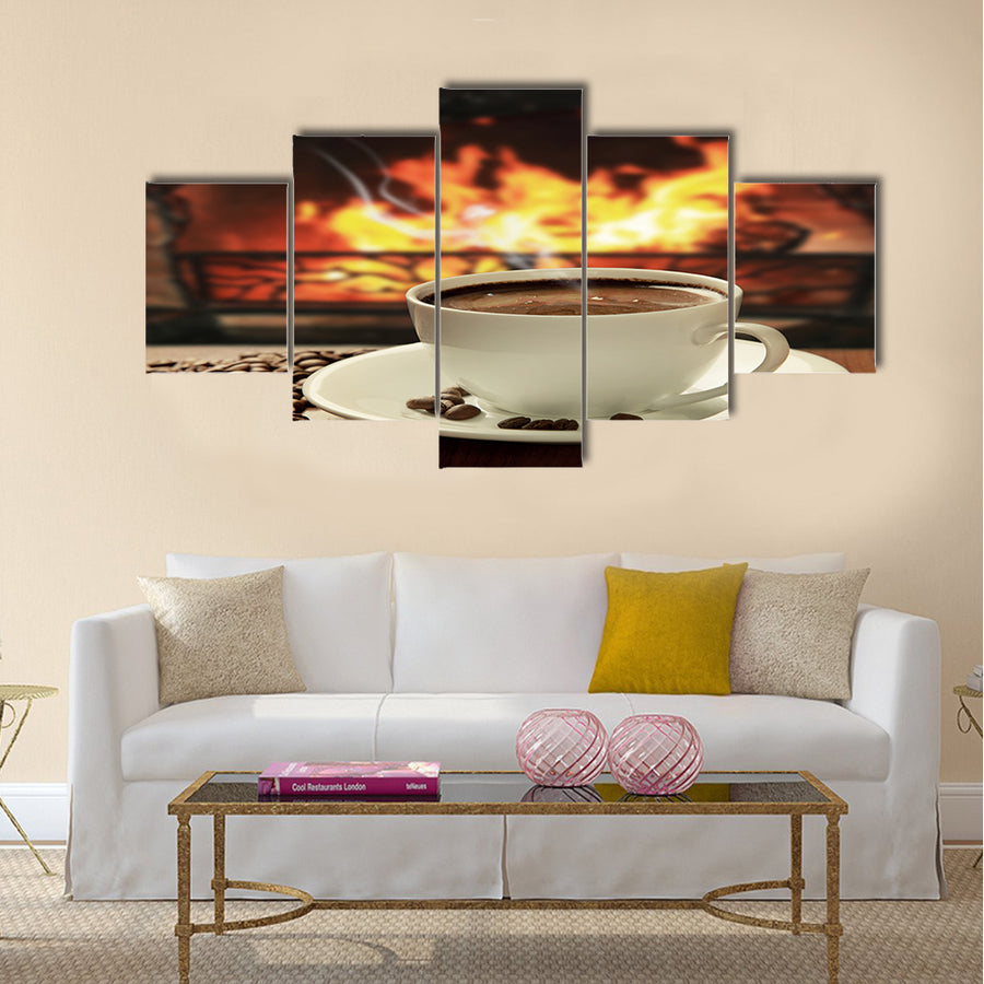 Hot coffee near fireplace Multi Panel Canvas Wall Art