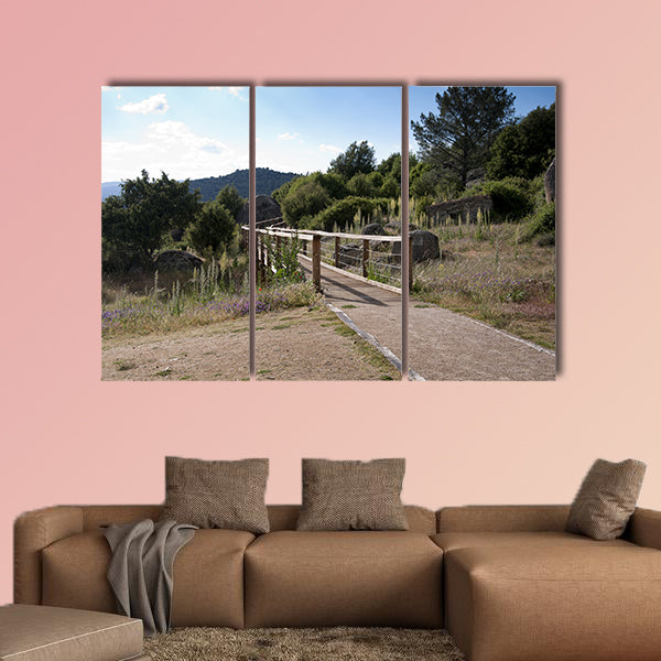 Wooden pathway through the forest in Iruelas Valley Natural Park, Avila, Spain, Multi Panel Canvas Wall Art