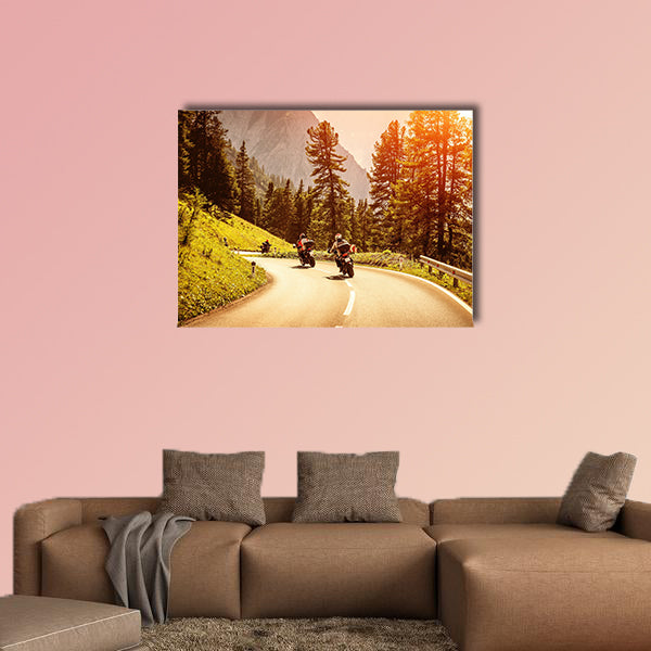 Group of motorcyclists riding on curves mountainous road, wall art