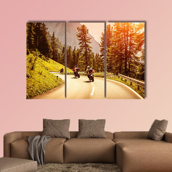 Group of motorcyclists riding on curves mountainous road, wall art