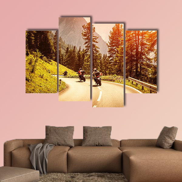 Group of motorcyclists riding on curves mountainous road, wall art