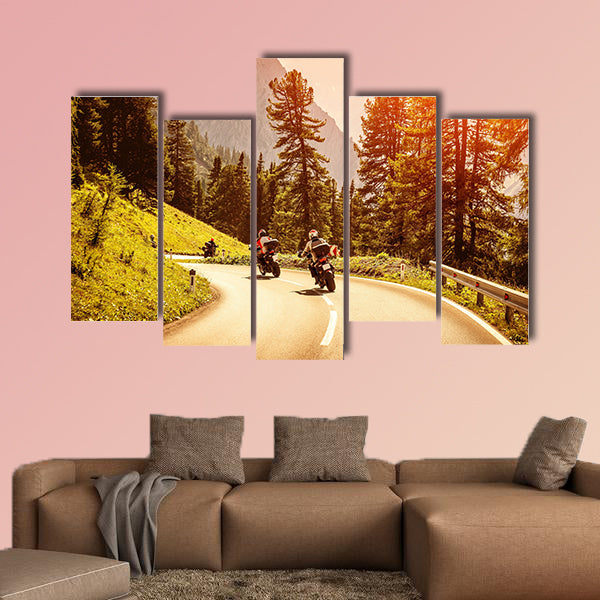 Group of motorcyclists riding on curves mountainous road, wall art