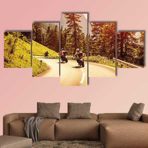 Group of motorcyclists riding on curves mountainous road, wall art