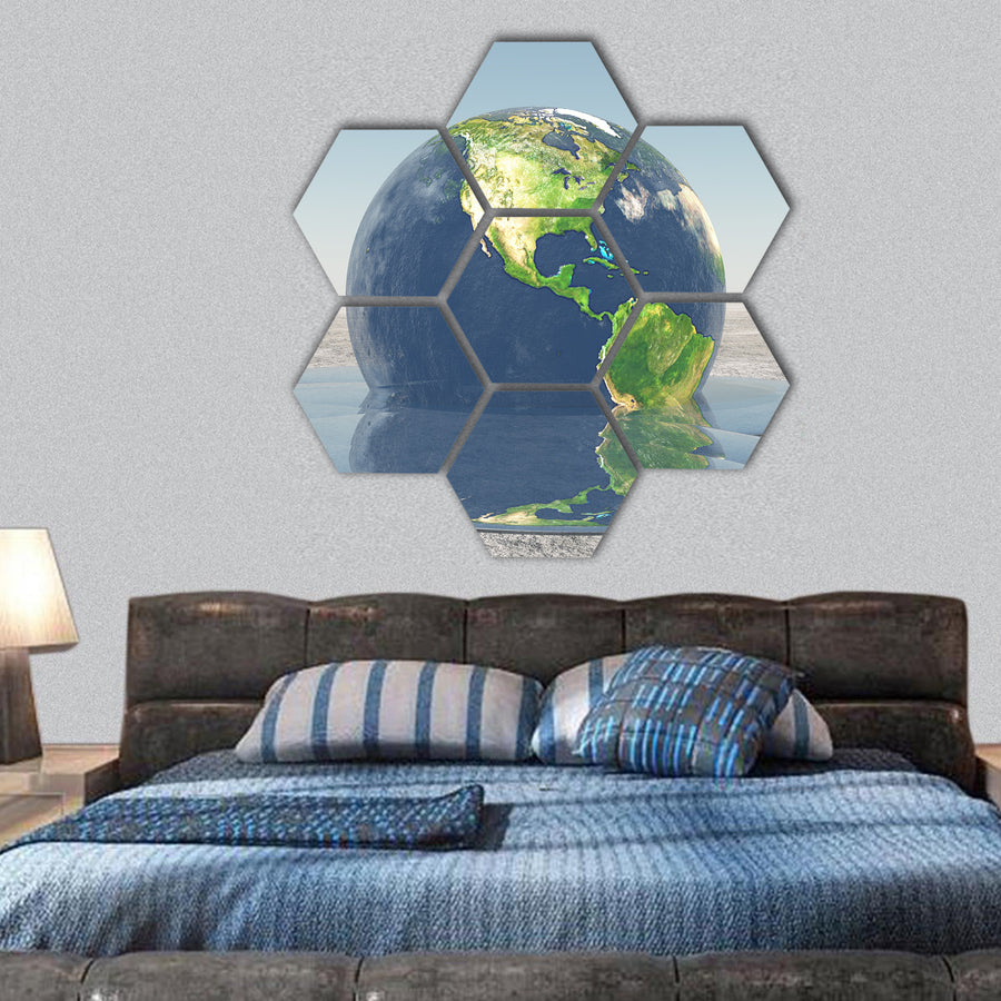 Earth melting into water hexagonal canvas wall art