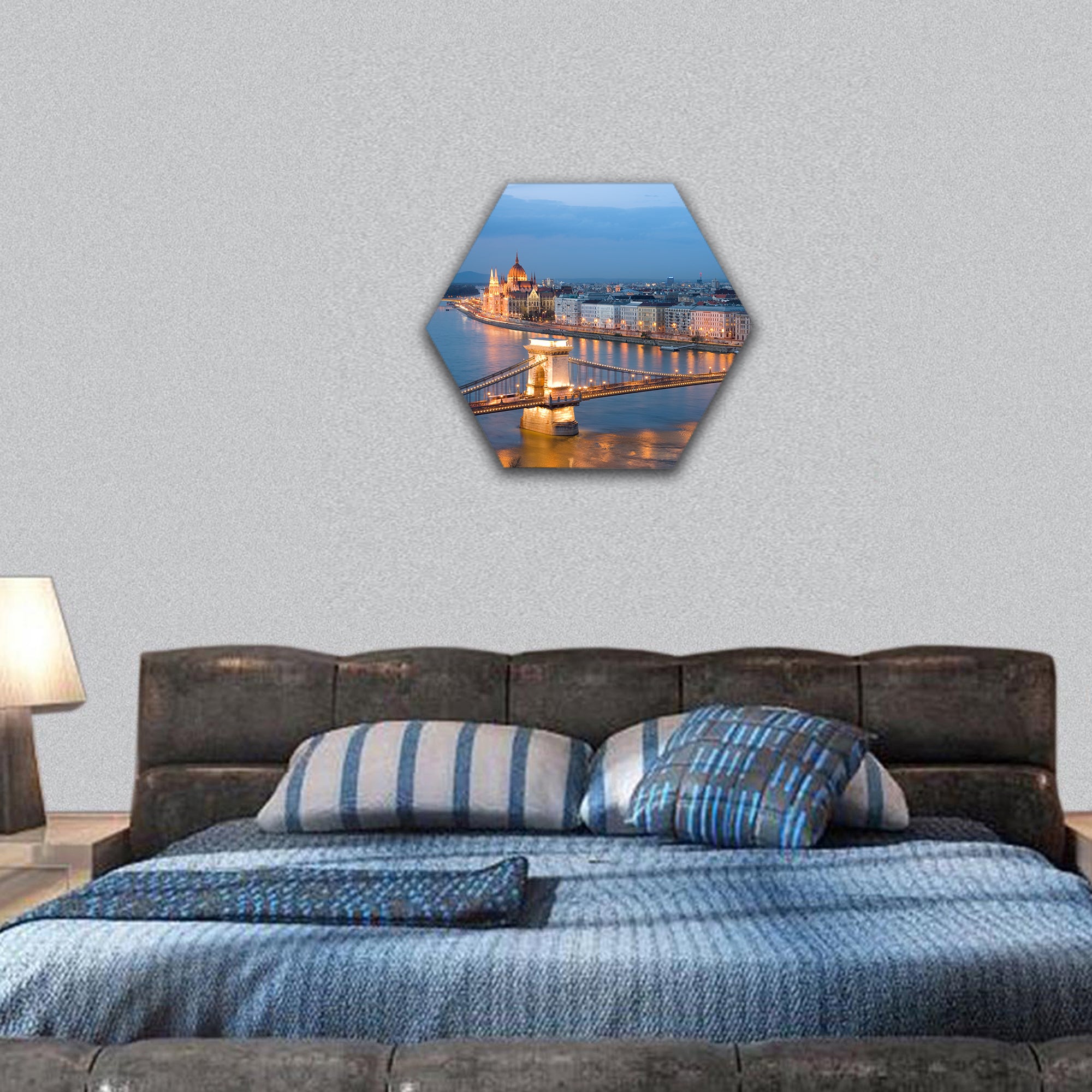 Budapest, night view of Chain Bridge on the Danube river hexagonal canvas wall art