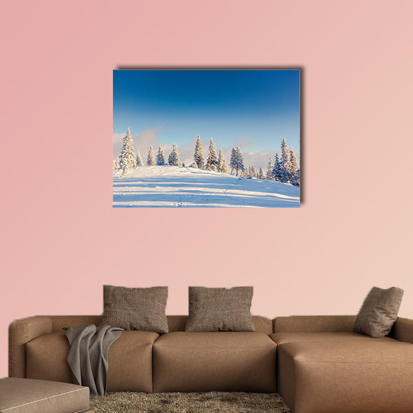 Fantastic winter landscape. Blue sky. Carpathian, Ukraine, Europe. canvas wall art