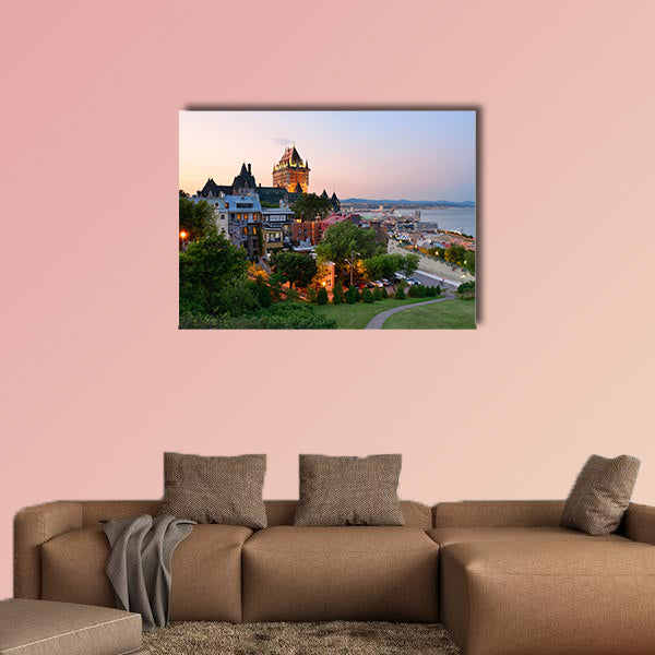 Quebec City skyline with Chateau Frontenac at sunset viewed from hill multi panel canvas wall art