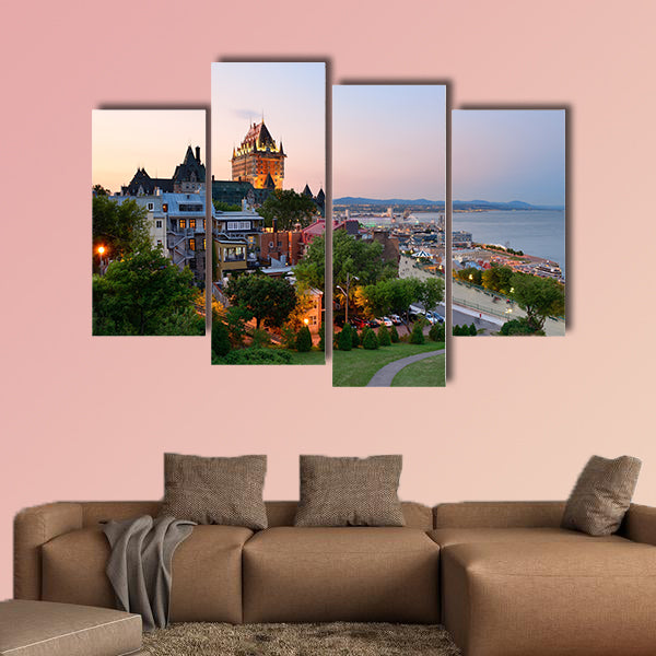 Quebec City skyline with Chateau Frontenac at sunset viewed from hill multi panel canvas wall art