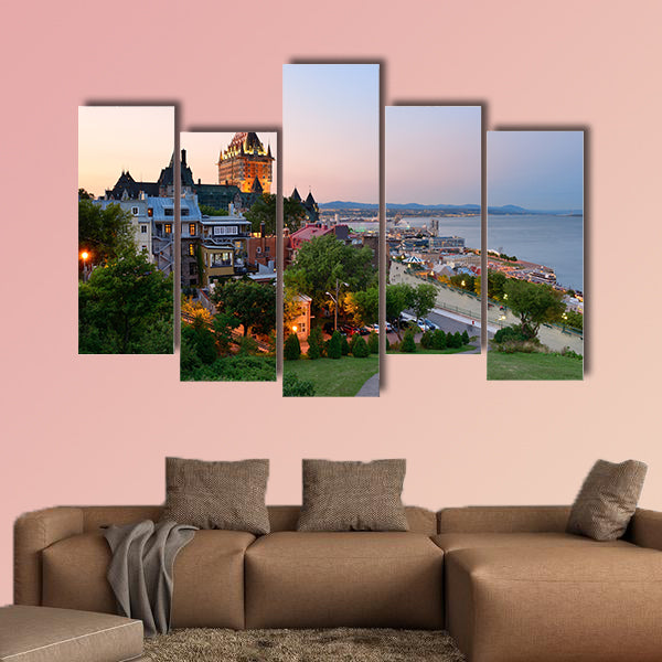 Quebec City skyline with Chateau Frontenac at sunset viewed from hill multi panel canvas wall art
