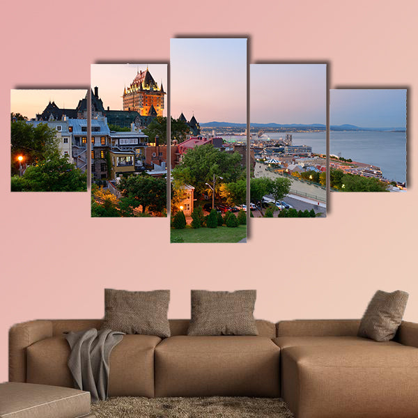 Quebec City skyline with Chateau Frontenac at sunset viewed from hill multi panel canvas wall art