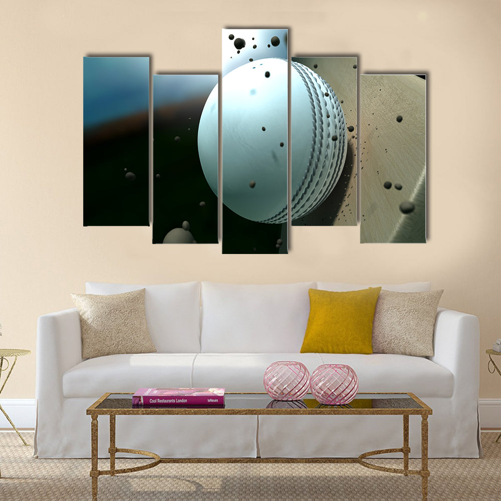 A white leather stitched cricket ball hitting a wooden cricket bat Multi Panel Canvas Wall Art