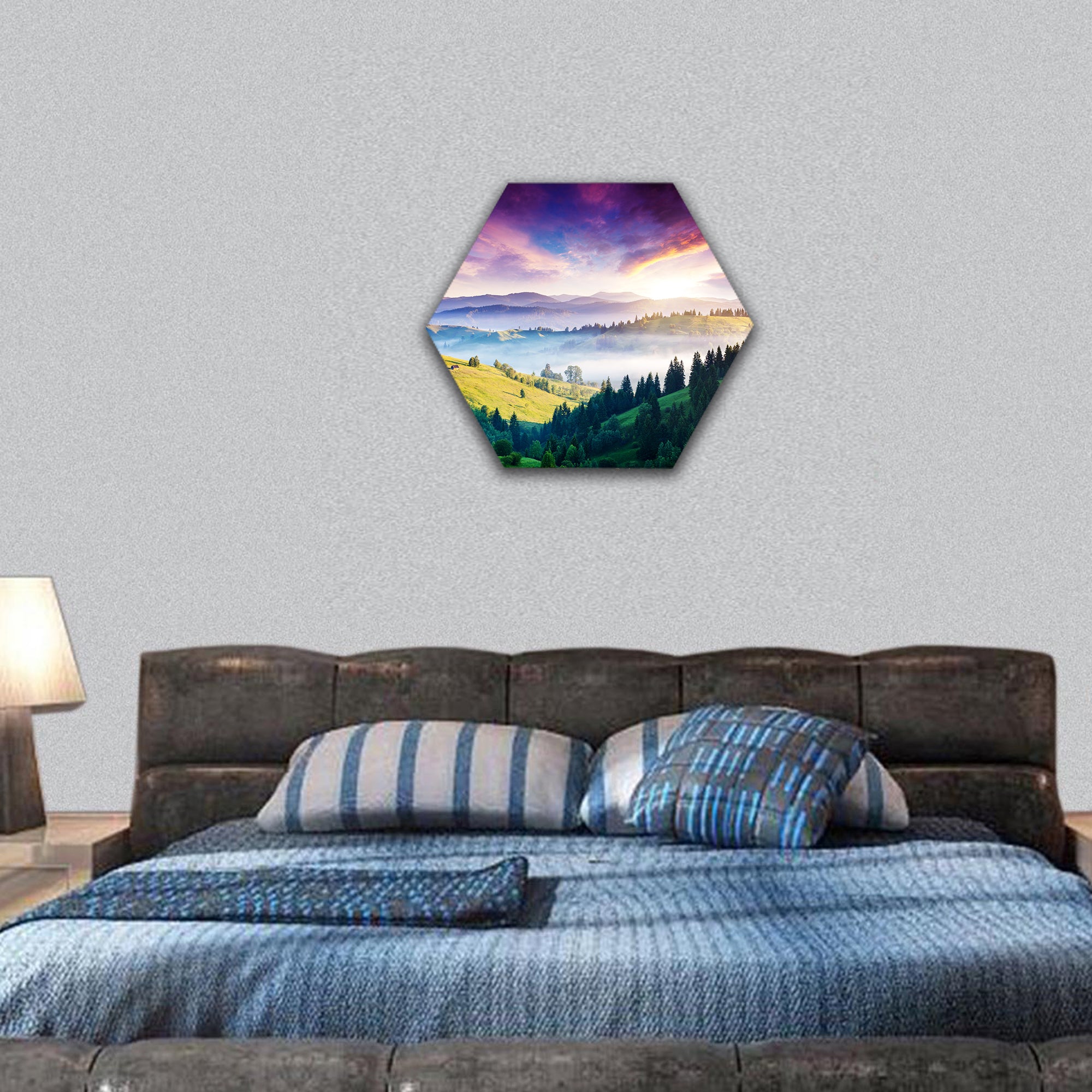 Majestic mountain landscape with colorful cloud, Europe hexagonal canvas wall art