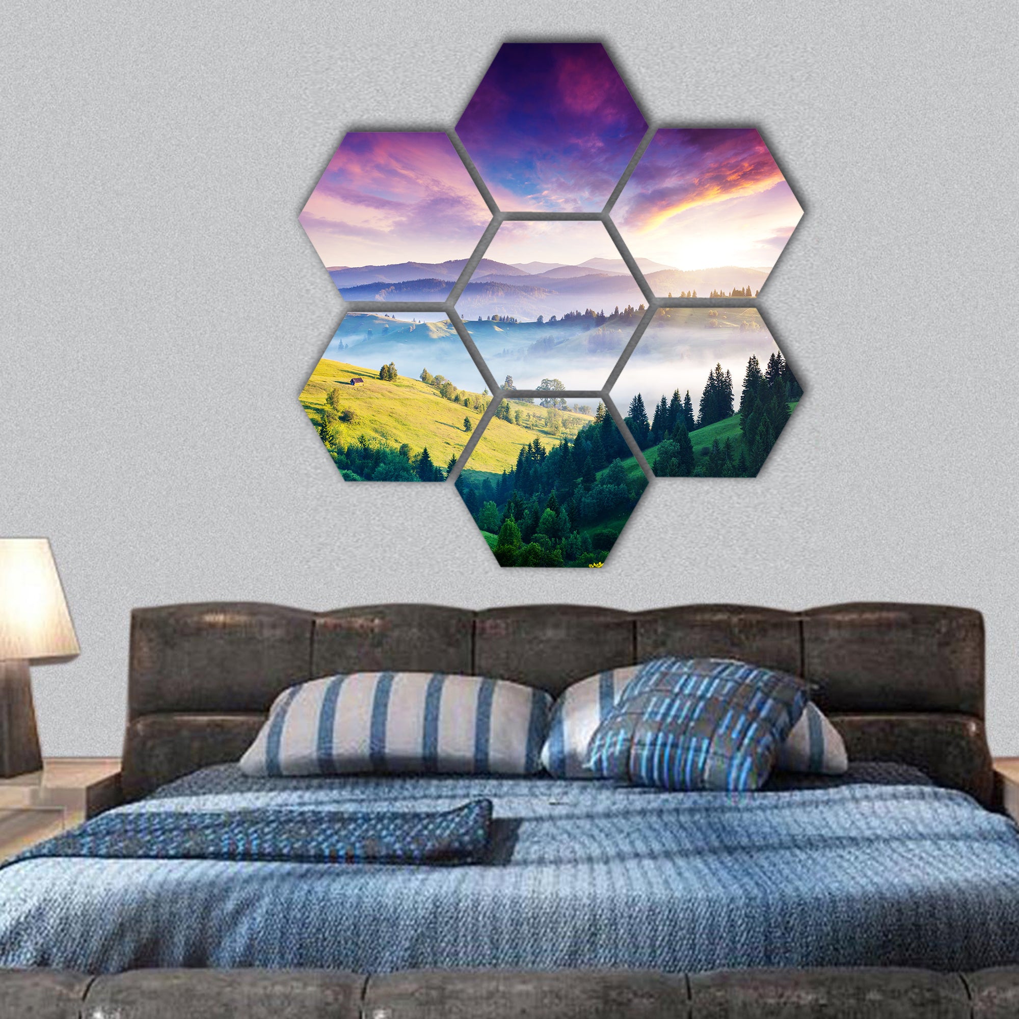 Majestic mountain landscape with colorful cloud, Europe hexagonal canvas wall art