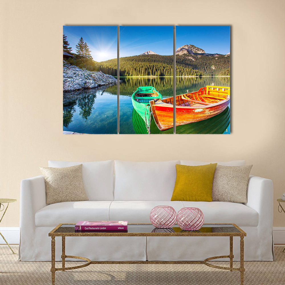 Mountain lakes and boats Durmitor national park in Montenegro, Europe Multi panel canvas wall art