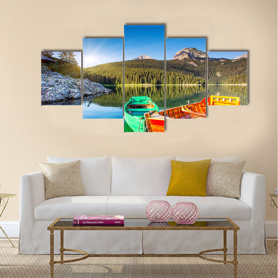 Mountain lakes and boats Durmitor national park in Montenegro, Europe Multi panel canvas wall art