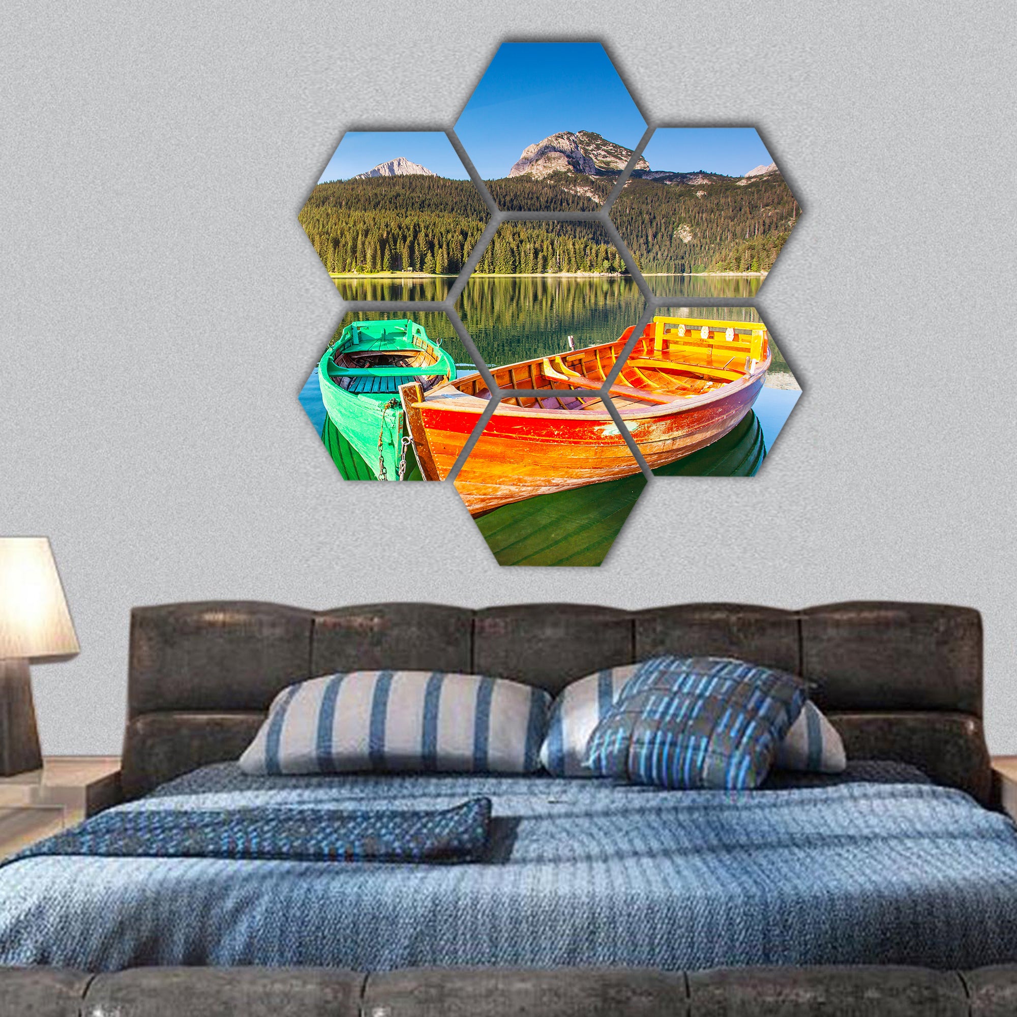 mountain lakes and boats , Black lake in Durmitor national park hexagonal canvas wall art