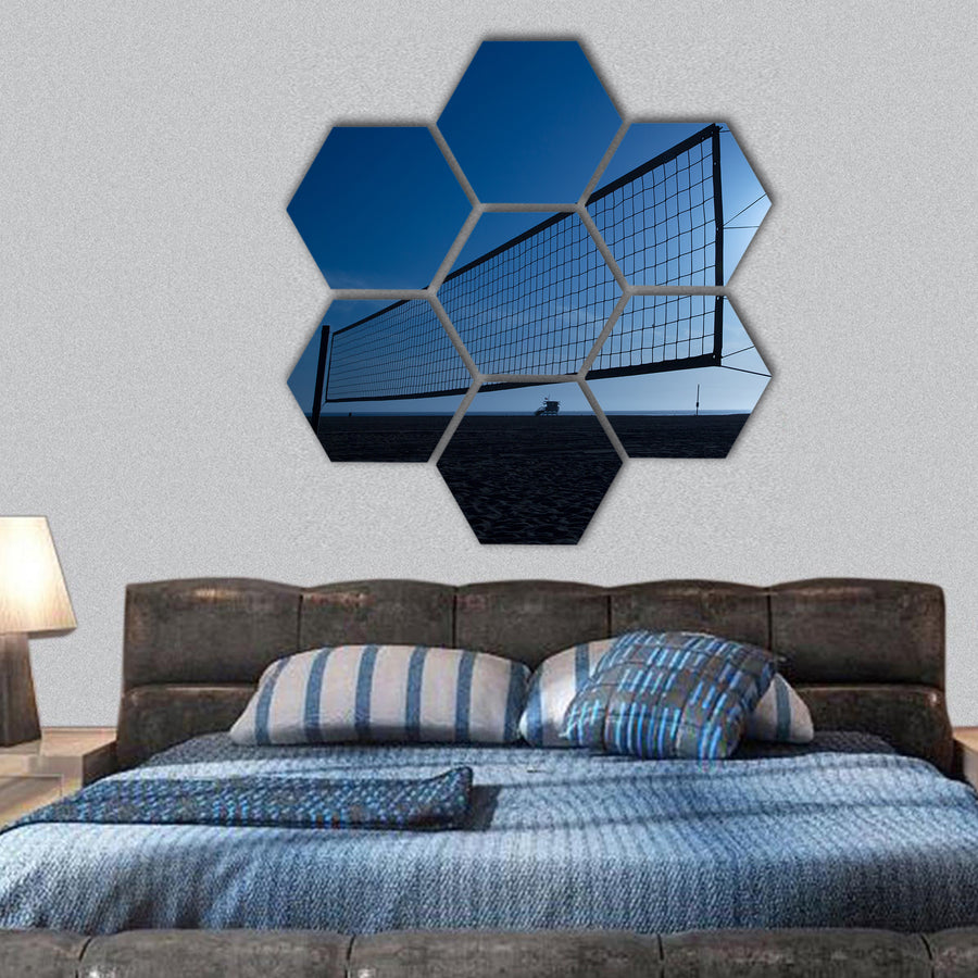 beach volleyball volley net in Santa Monica at sunset hexagonal canvas wall art