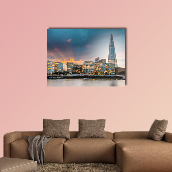 New London city hall at sunset, panoramic view from river multi panel canvas wall art