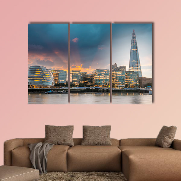 New London city hall at sunset, panoramic view from river multi panel canvas wall art
