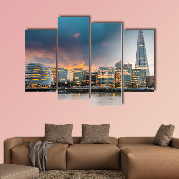 New London city hall at sunset, panoramic view from river multi panel canvas wall art