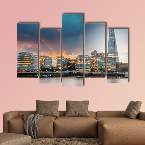New London city hall at sunset, panoramic view from river multi panel canvas wall art