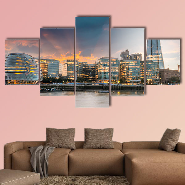 New London city hall at sunset, panoramic view from river multi panel canvas wall art
