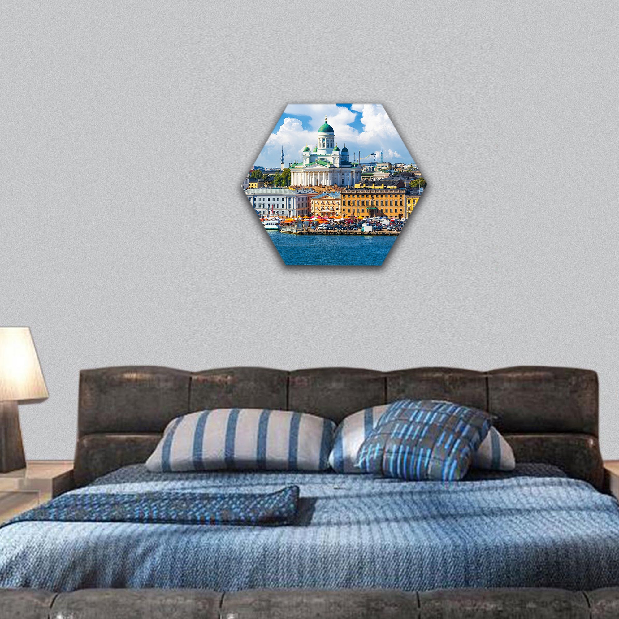 Market Square at the Old Town pier in Helsinki, Finland hexagonal canvas wall art