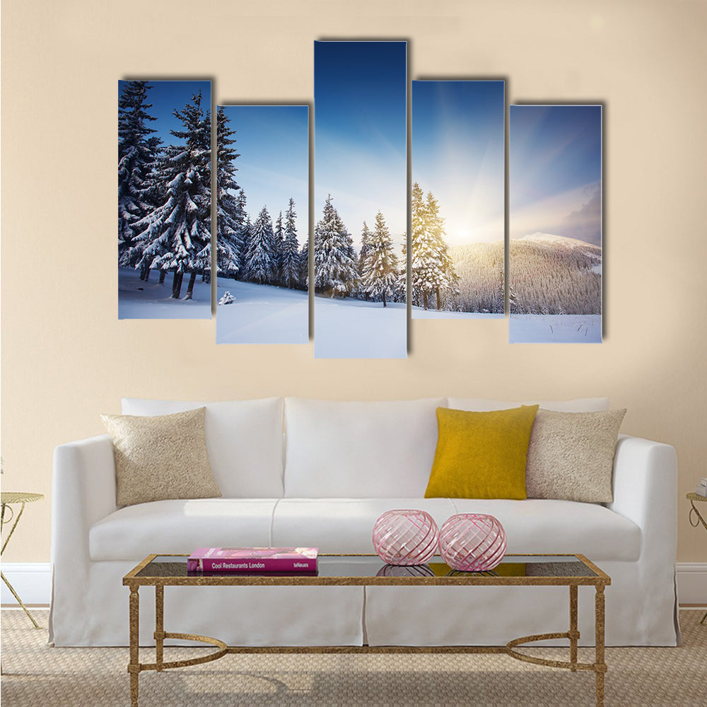 Majestic sunset in the winter mountains landscape Multi Panel Canvas Wall Art