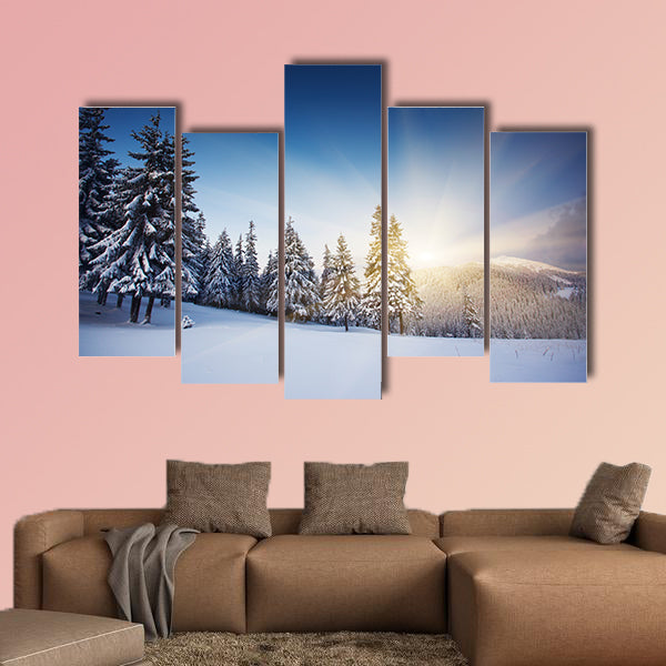 Majestic sunset in the winter mountains landscape Multi panel canvas wall art