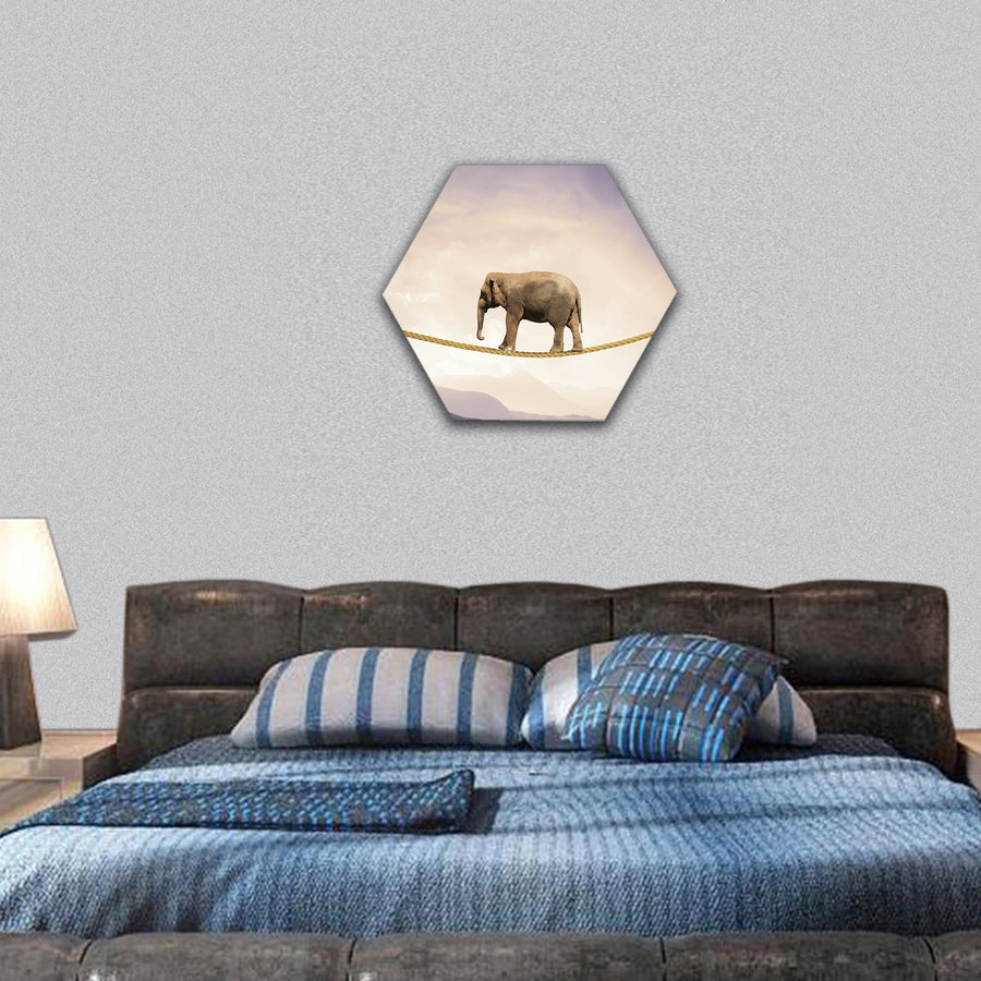 Concept of difficulty in business with elephant on a rope hexagonal canvas wall art
