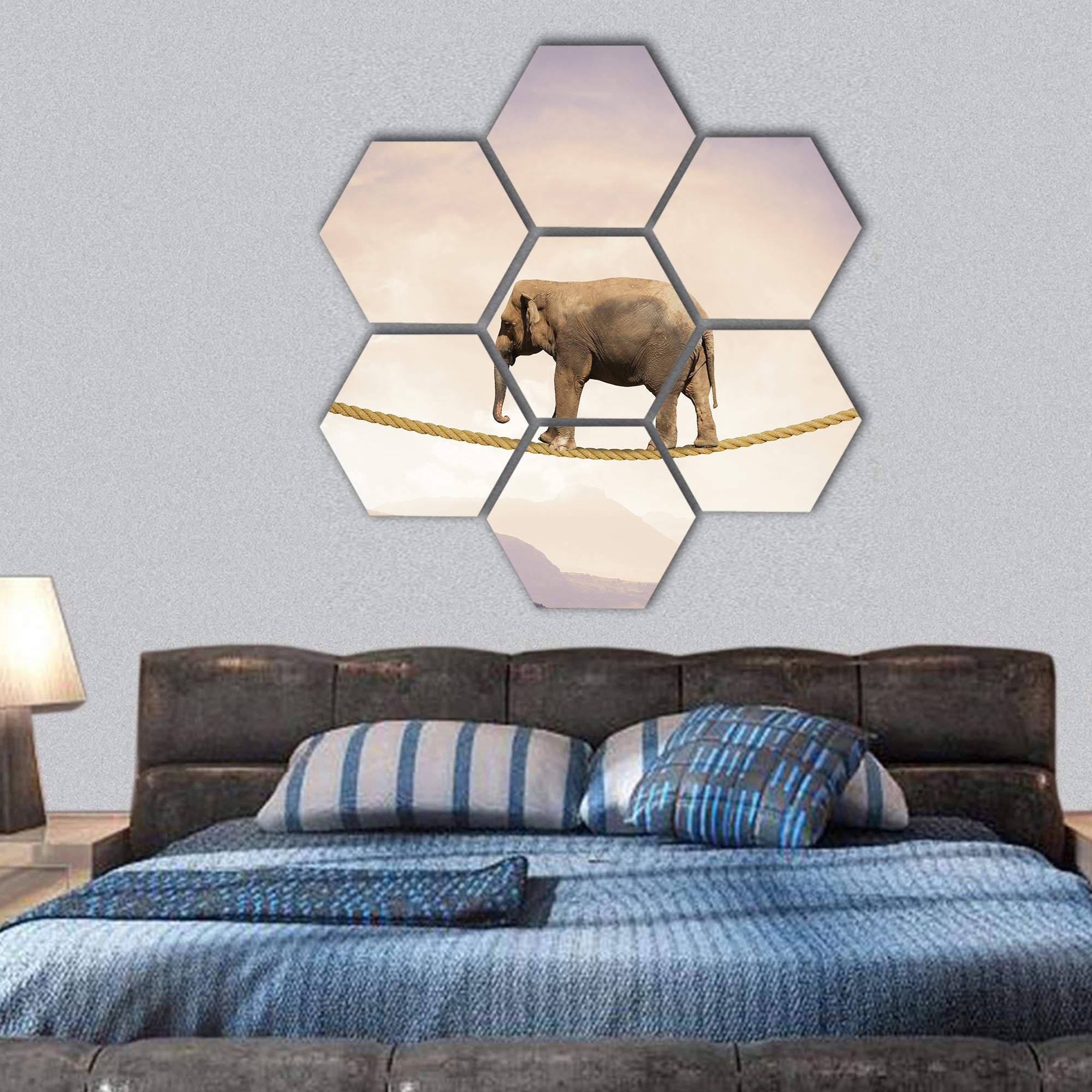 Concept of difficulty in business with elephant on a rope hexagonal canvas wall art