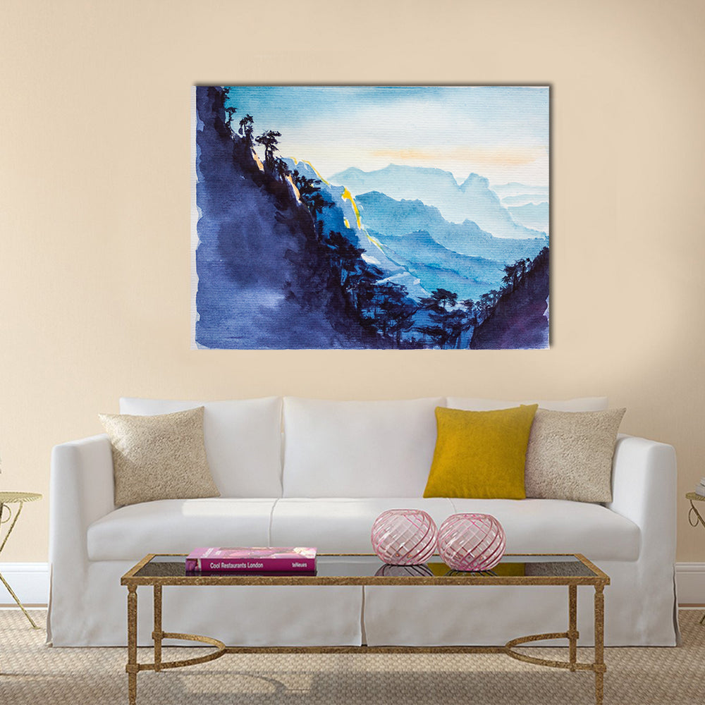 Chinese landscape. Mountains abd forest watercolor Multi Panel Canvas Wall Art