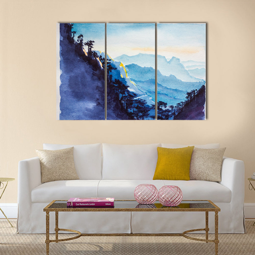 Chinese landscape. Mountains abd forest watercolor Multi Panel Canvas Wall Art