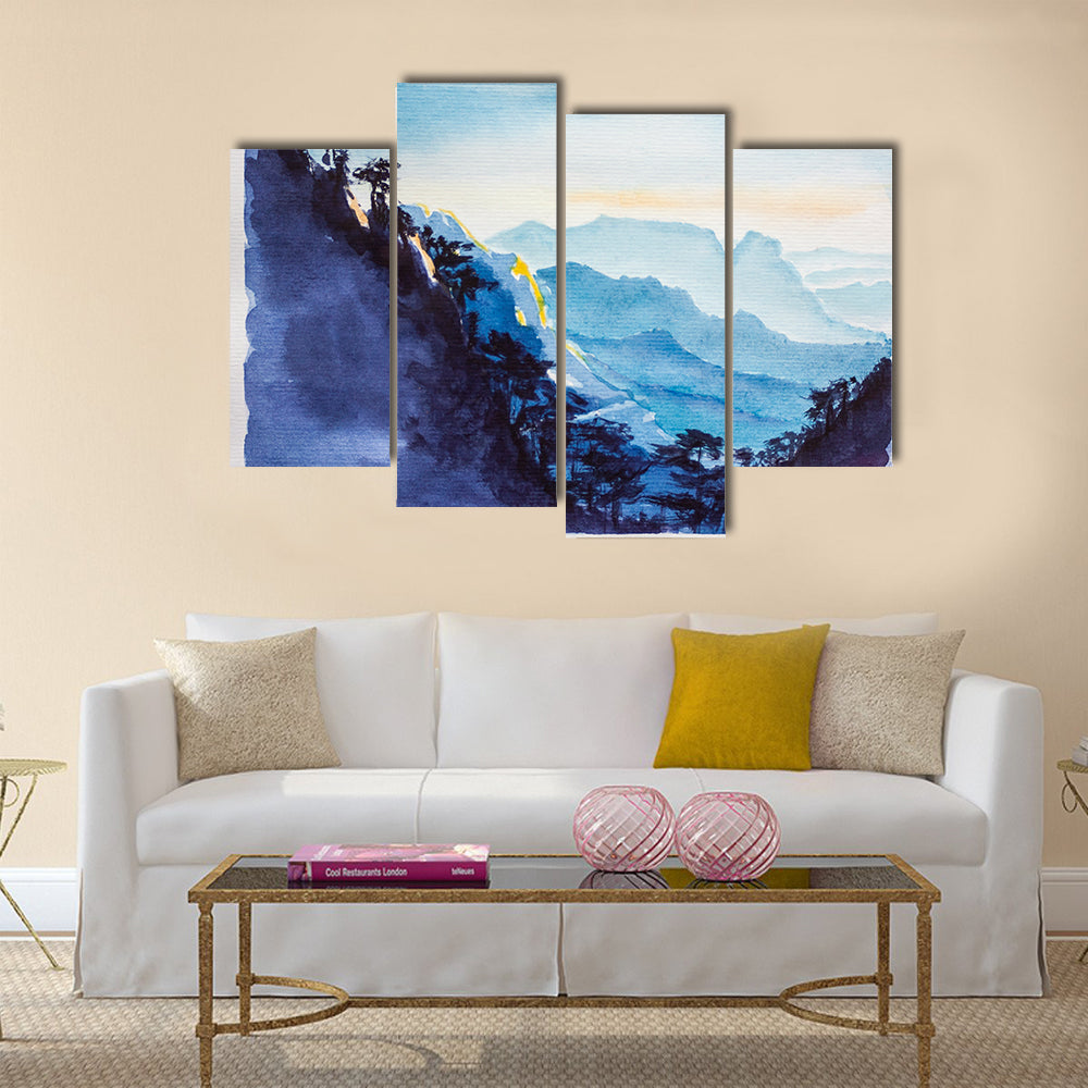 Chinese landscape. Mountains abd forest watercolor Multi Panel Canvas Wall Art