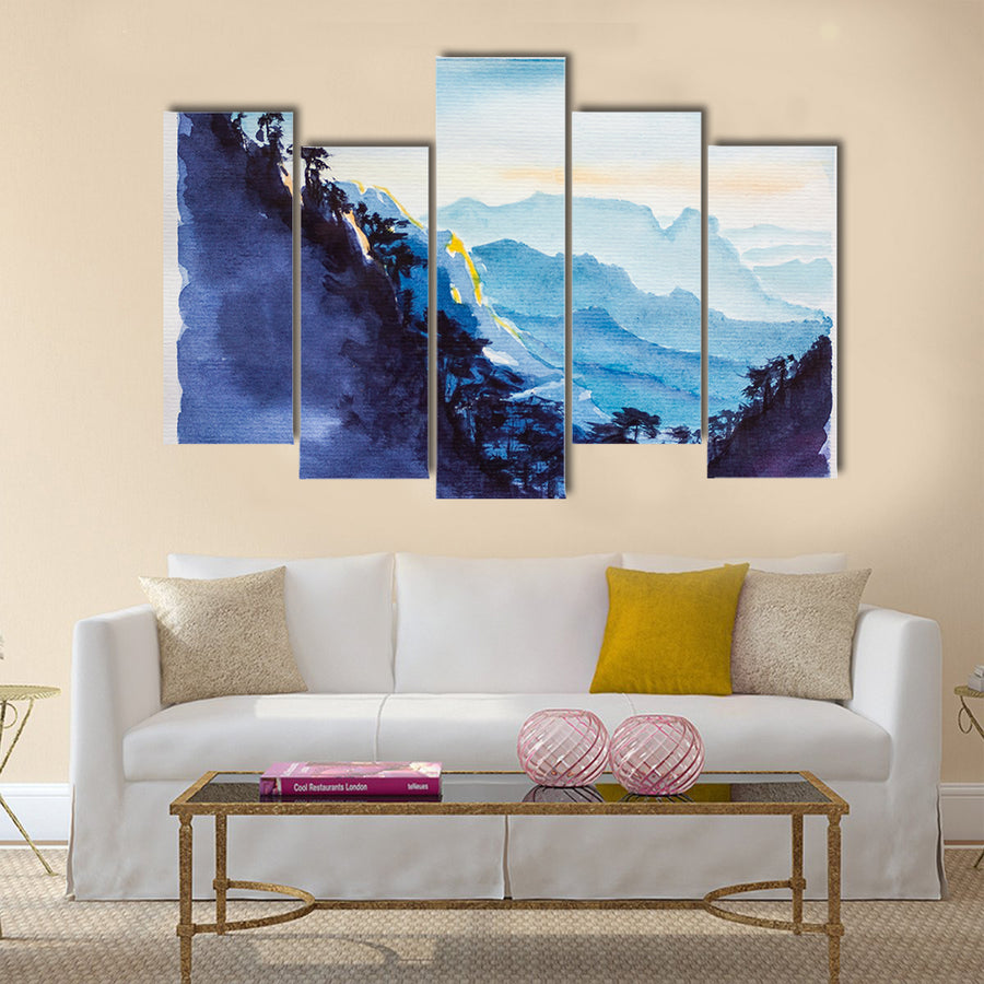 Chinese landscape. Mountains abd forest watercolor Multi Panel Canvas Wall Art