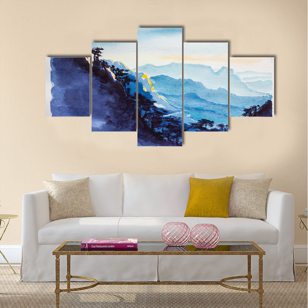 Chinese landscape. Mountains abd forest watercolor Multi Panel Canvas Wall Art