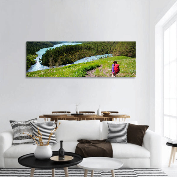 Hiker in Altai mountains, Russian Federation panoramic canvas wall art