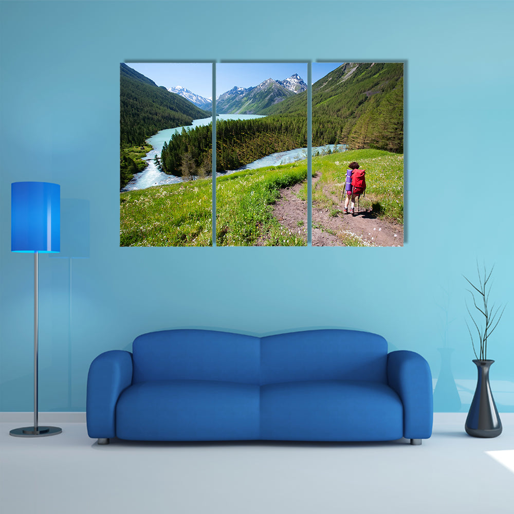 Hiker In Altai Mountains Russian Federation Multi Panel Canvas Wall Art