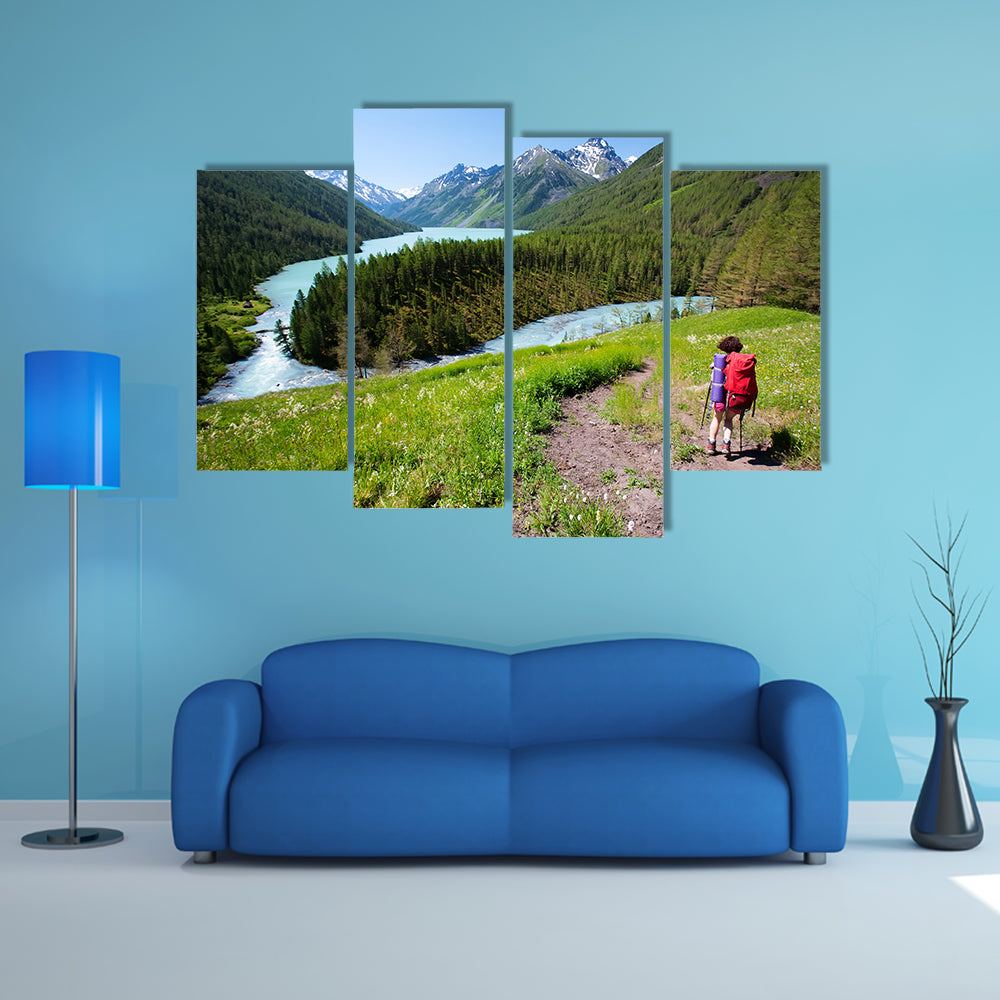Hiker In Altai Mountains Russian Federation Multi Panel Canvas Wall Art