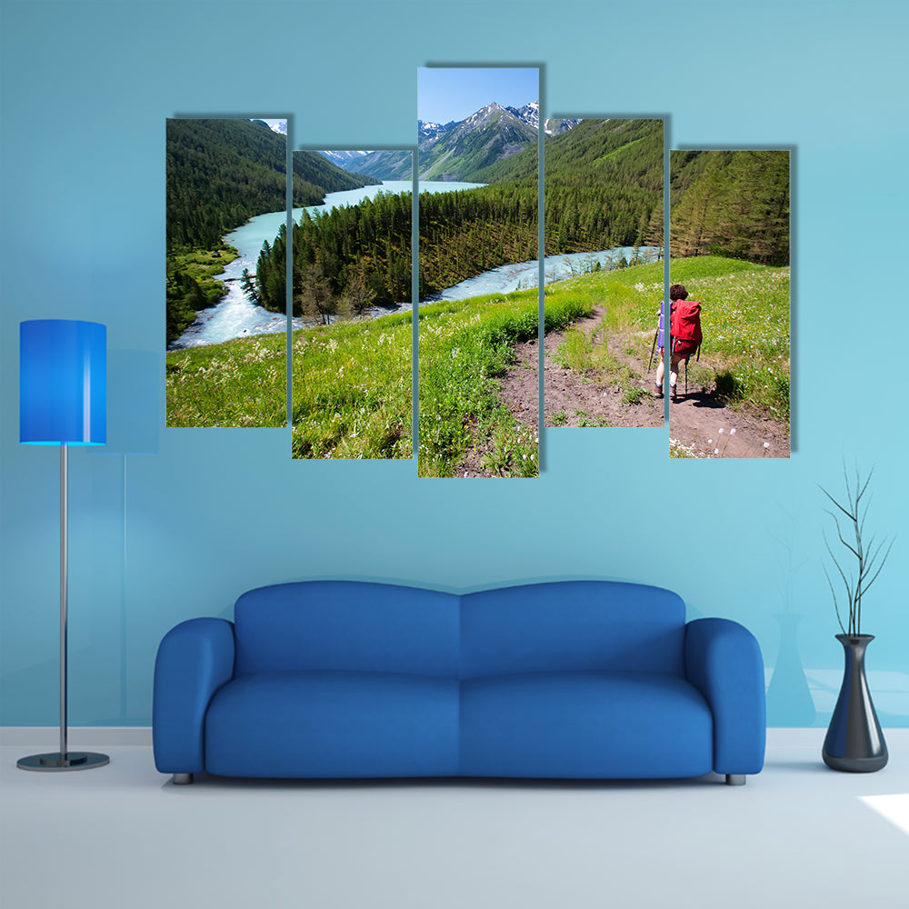 Hiker In Altai Mountains Russian Federation Multi Panel Canvas Wall Art