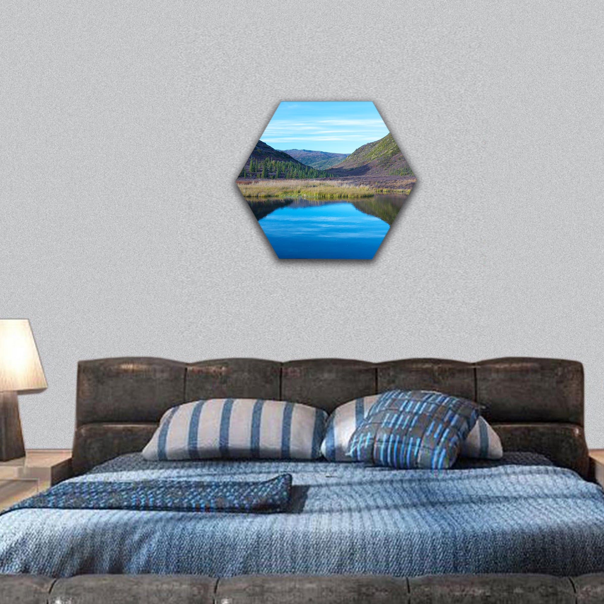 Wonder Lake with a hill in autumn hexagonal canvas wall art