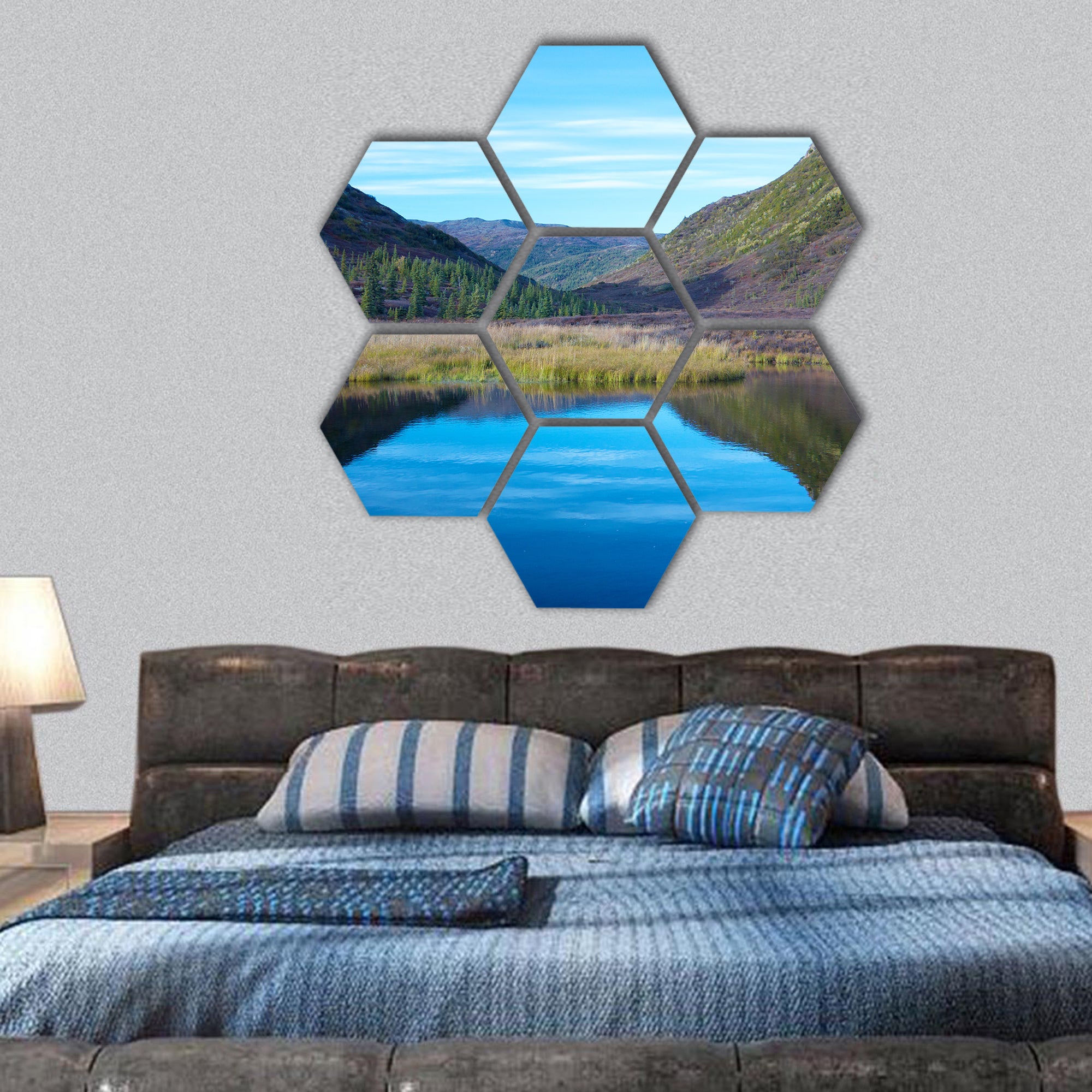 Wonder Lake with a hill in autumn hexagonal canvas wall art