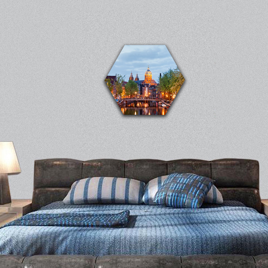 Red Light District in Amsterdam at dusk in Netherlands hexagonal canvas wall art