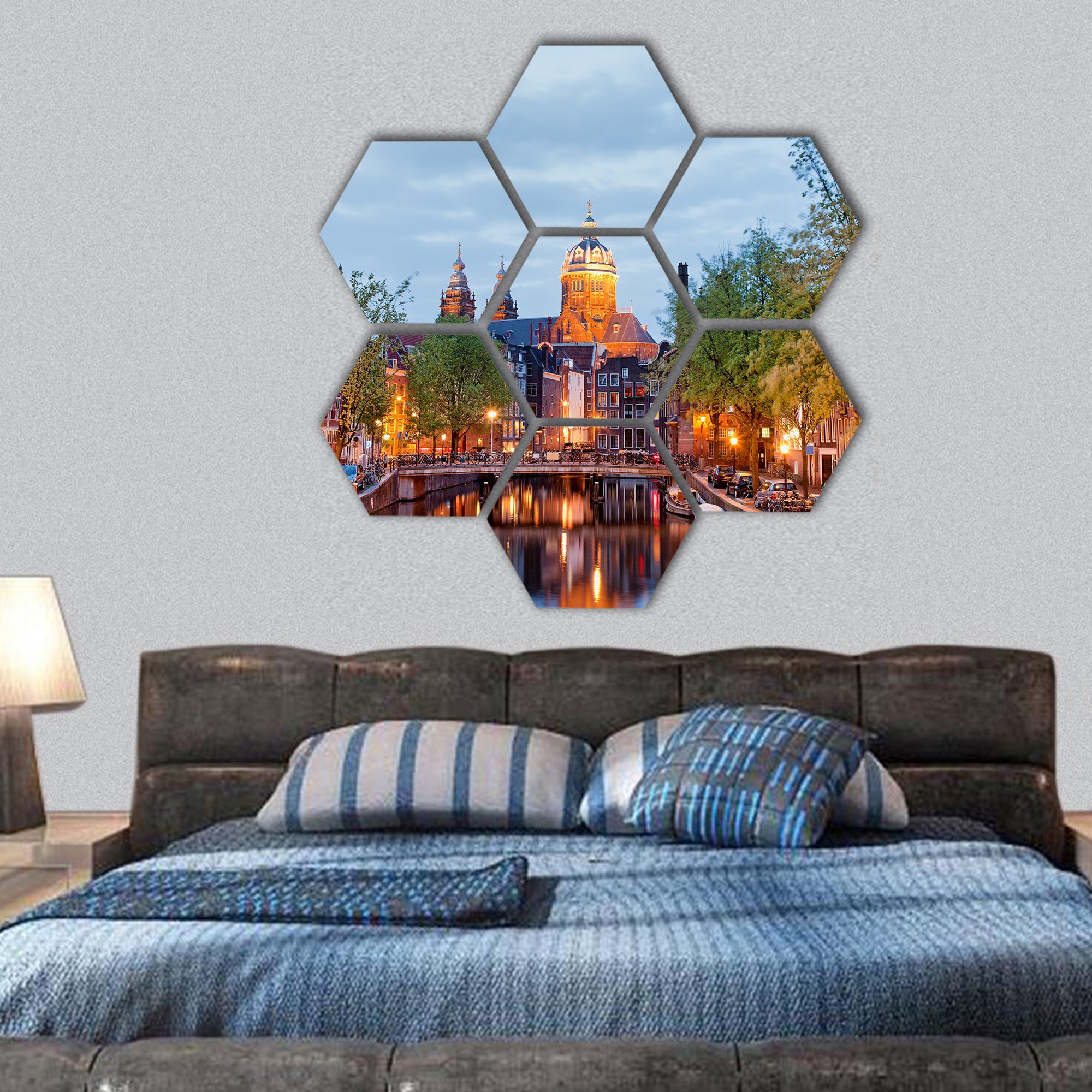 Red Light District in Amsterdam at dusk in Netherlands hexagonal canvas wall art
