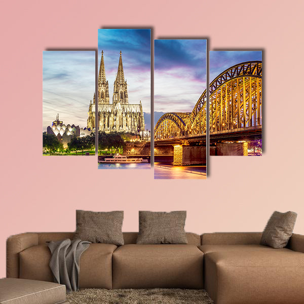 Illuminated Dom in Cologne with bridge and Rhine at sunset wall art