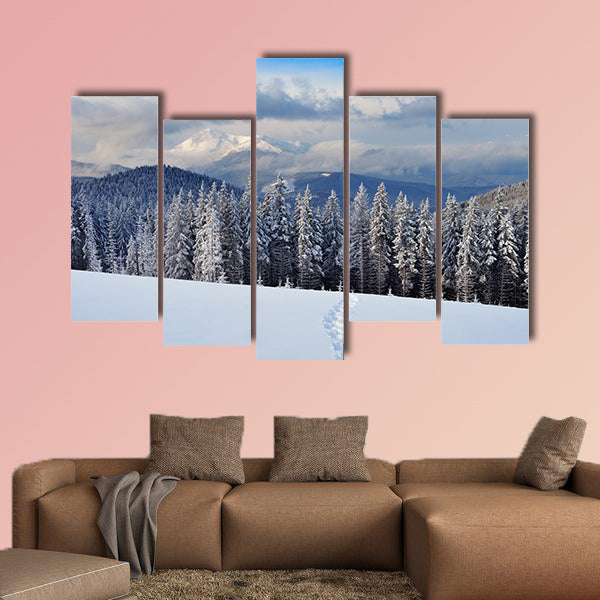 Winter landscape with a footpath, Carpathians, Ukraine multi panel canvas wall art