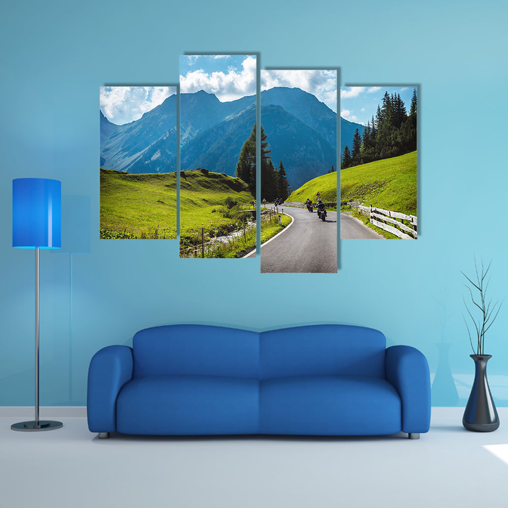 Group of motorbikes in the mountains, race highway multi panel canvas wall art