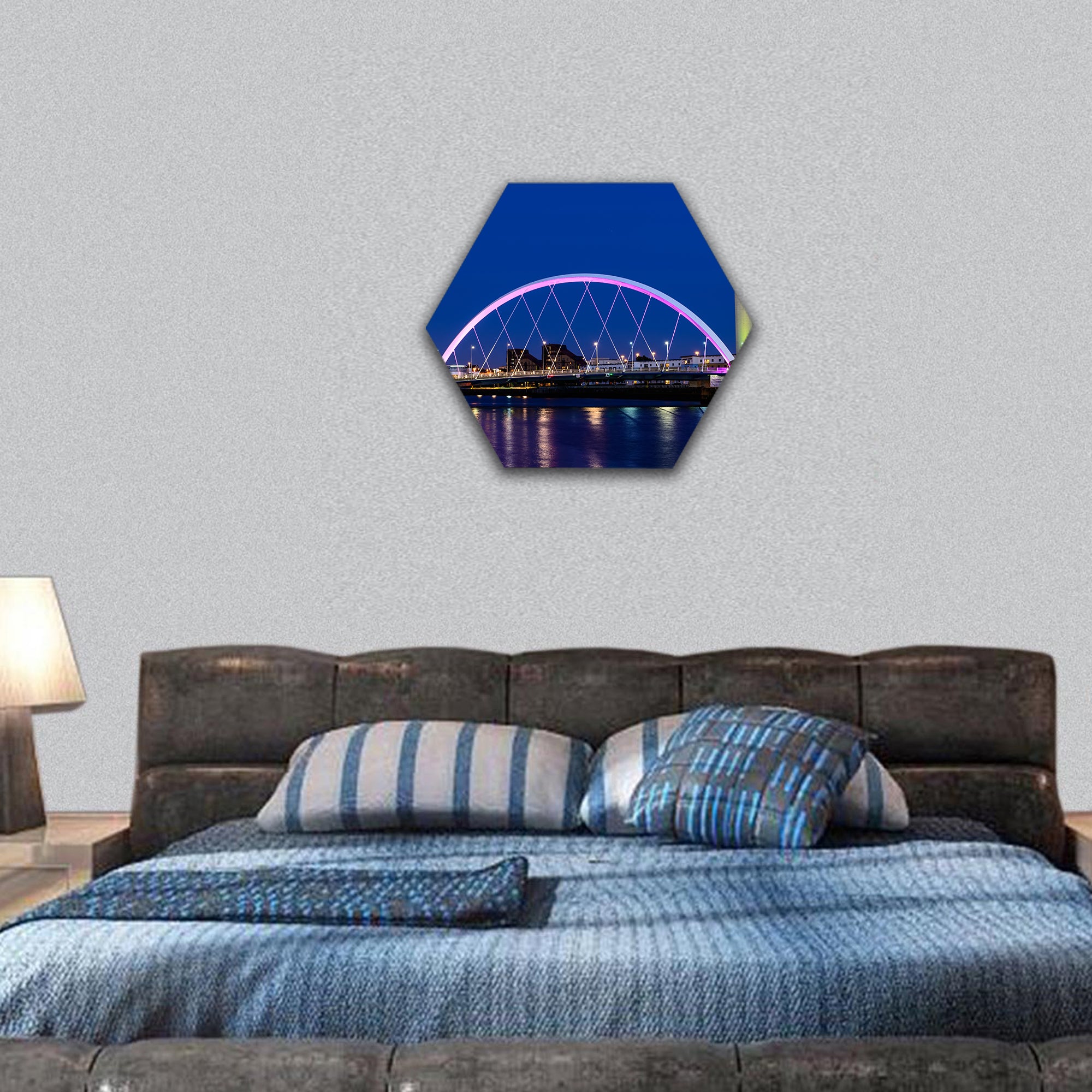 Clyde Arc spanning the river Clyde at dusk, Glasgow, UK hexagonal canvas wall art